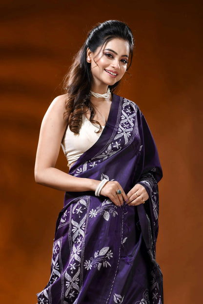 Deep purple silk saree with shakuntala hand kantha embroidery 2