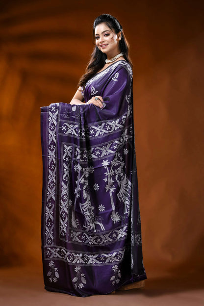 Deep purple silk saree with shakuntala hand kantha embroidery 3
