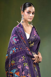 Deep purple swan motif hand embroidered silk kantha saree vibrant floral peacock 2