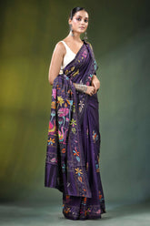 Deep purple swan motif hand embroidered silk kantha saree rich adorned vibrant 4
