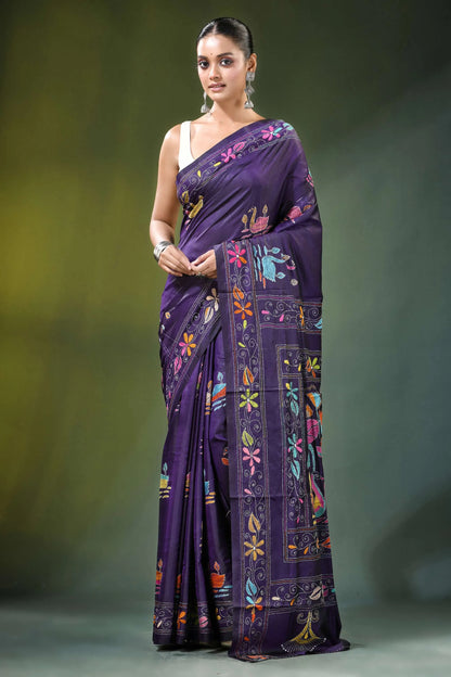 Deep purple swan motif hand embroidered silk kantha saree rich adorned 1