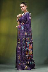 Deep purple swan motif hand embroidered silk kantha saree rich adorned 3