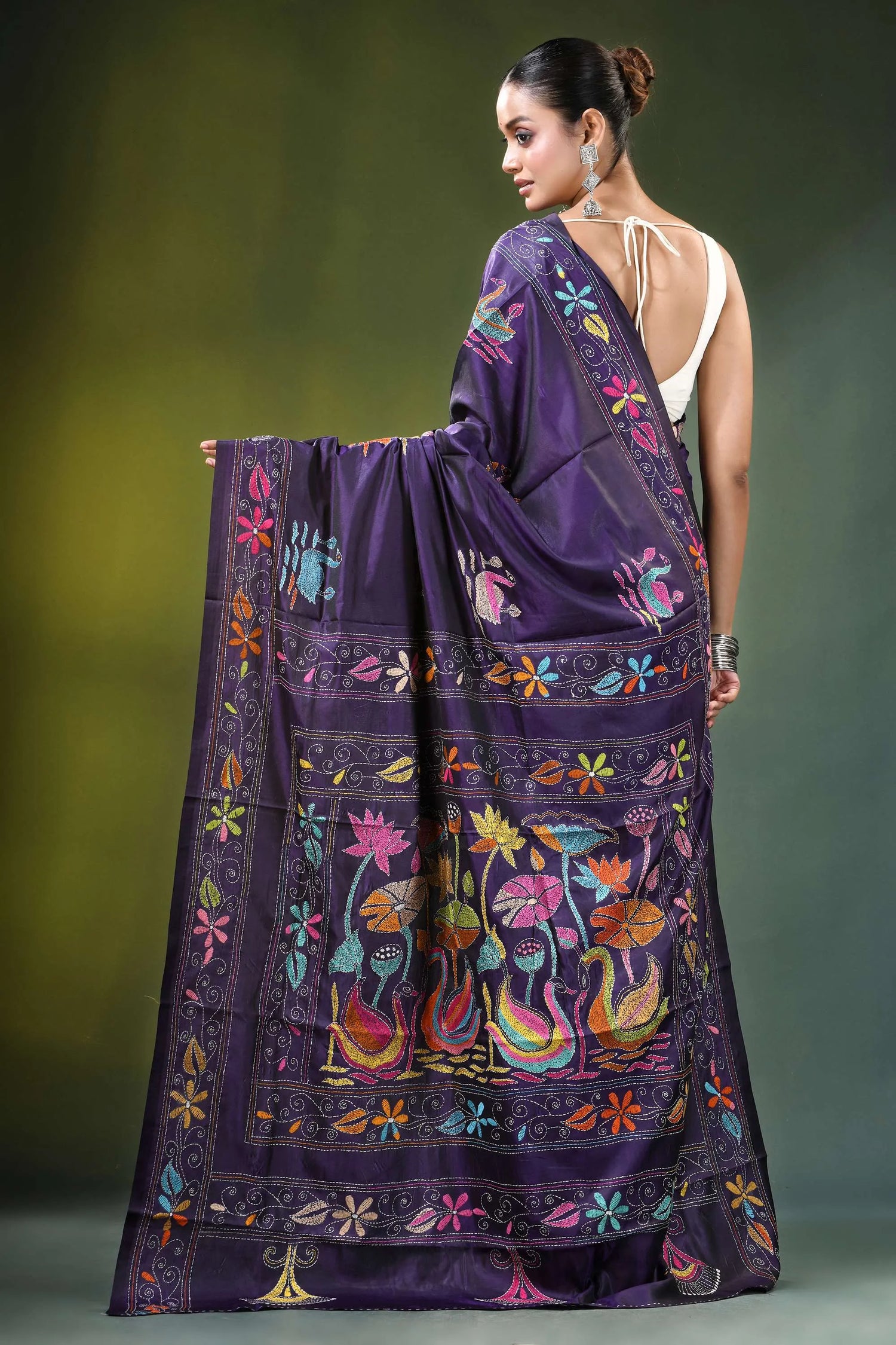 Deep purple swan motif hand embroidered silk kantha saree rich adorned 5