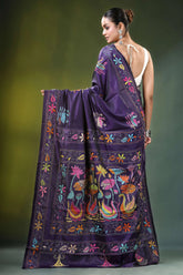 Deep purple swan motif hand embroidered silk kantha saree rich adorned 5