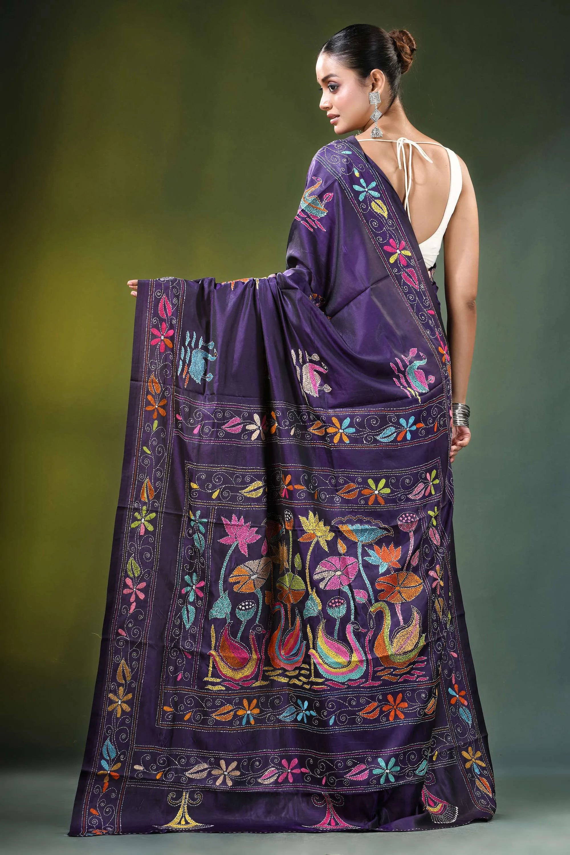 Deep purple swan motif hand embroidered silk kantha saree rich adorned 5