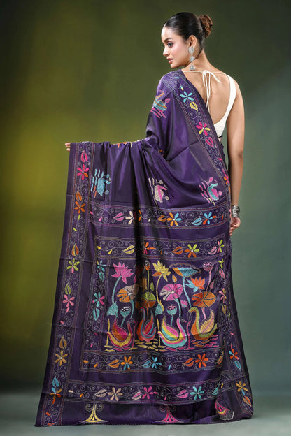 Deep purple swan motif hand embroidered silk kantha saree rich adorned 5