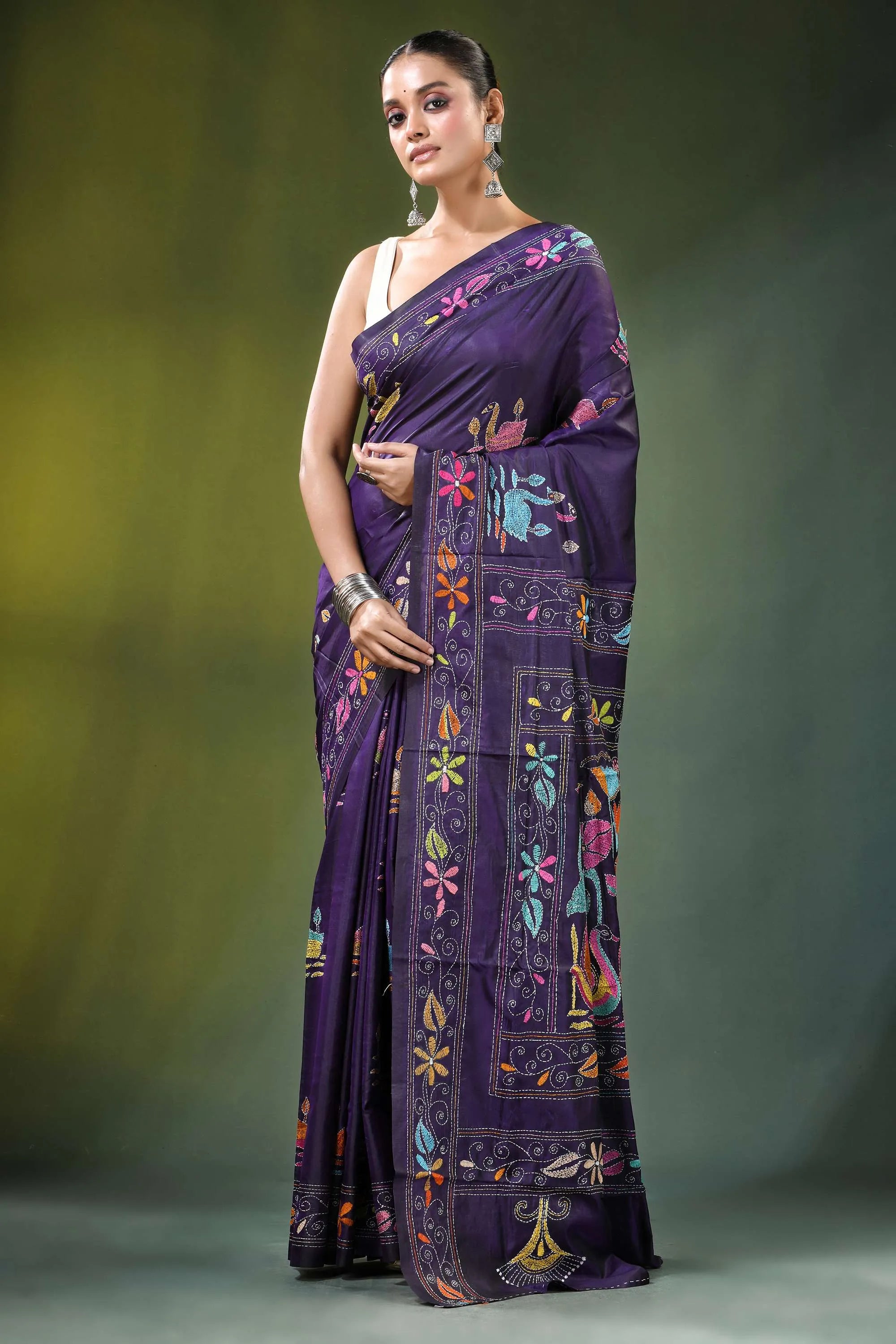 Deep purple swan motif hand embroidered silk kantha saree rich adorned 6
