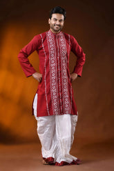 Deep red cotton kantha punjabi for men with white geometric embroidery 1