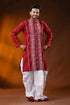 Deep red cotton kantha punjabi for men with white geometric embroidery 1