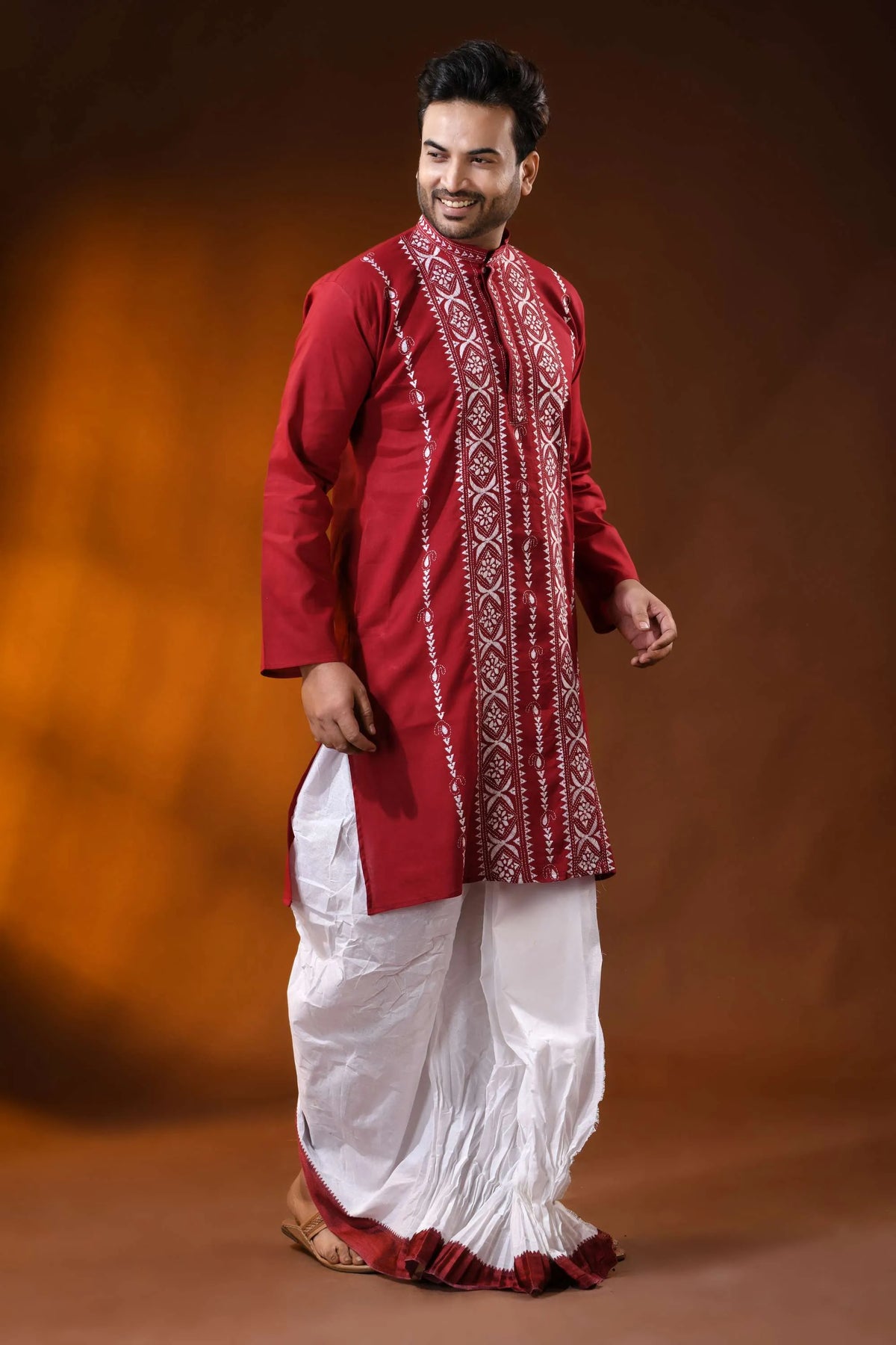 Deep red cotton kantha punjabi for men with white geometric embroidery 3