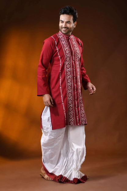 Deep red cotton kantha punjabi for men with white geometric embroidery 3