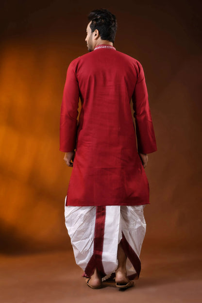Deep red cotton kantha punjabi for men with white geometric embroidery 6