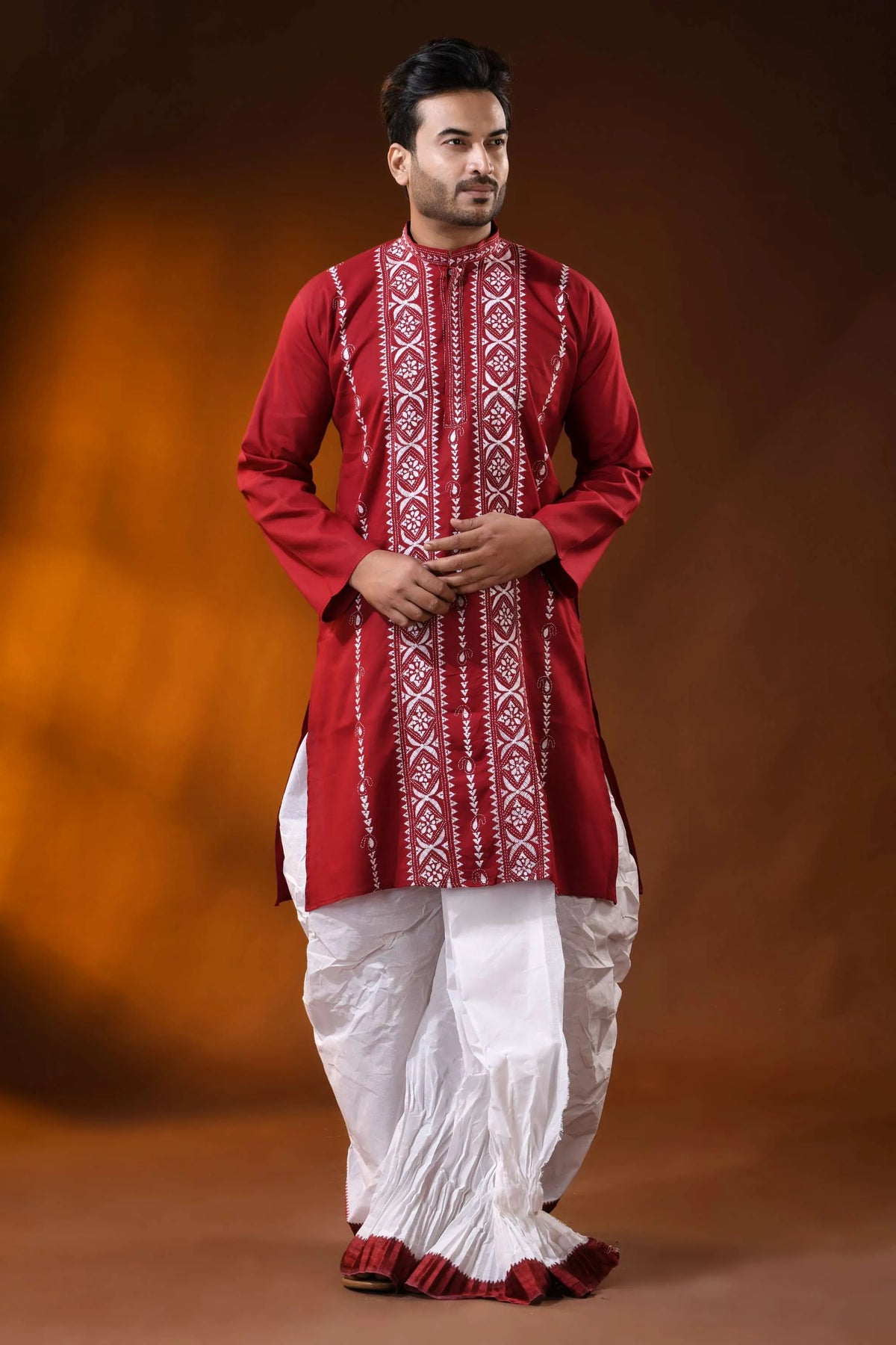 Deep red cotton kantha punjabi for men with white geometric embroidery 7