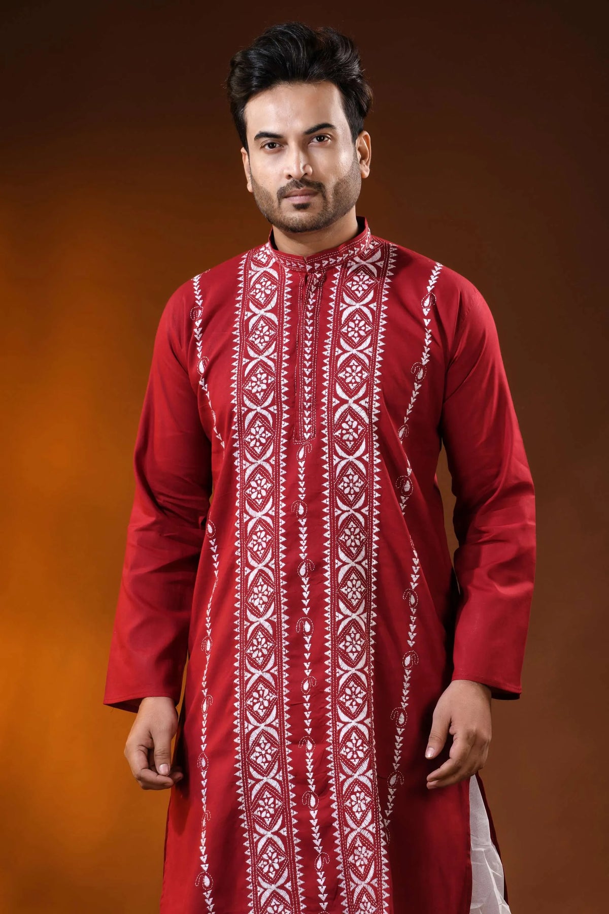 Deep red cotton kantha punjabi for men with white geometric embroidery 2