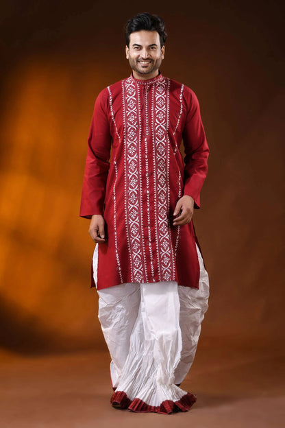 Deep red cotton kantha punjabi for men with white geometric embroidery 4