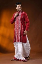 Deep red cotton kantha punjabi for men with white geometric embroidery 5