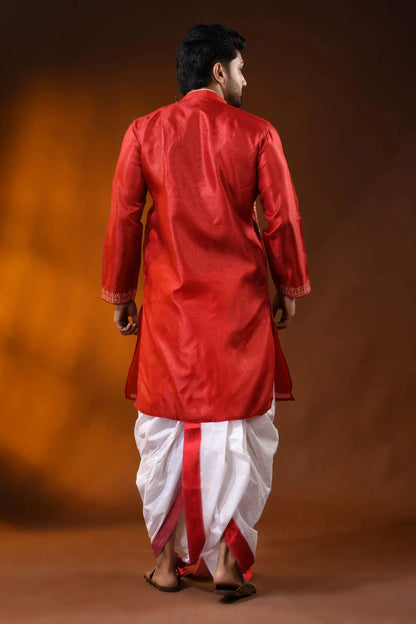 Deep red silk embroidery punjabi for men with horse ethnic motifs 5