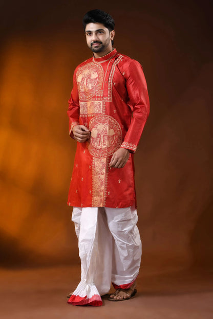 Deep red silk embroidery punjabi for men with horse ethnic motifs 3