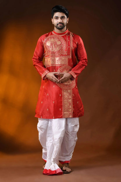 Deep red silk embroidery punjabi for men with horse ethnic motifs 6
