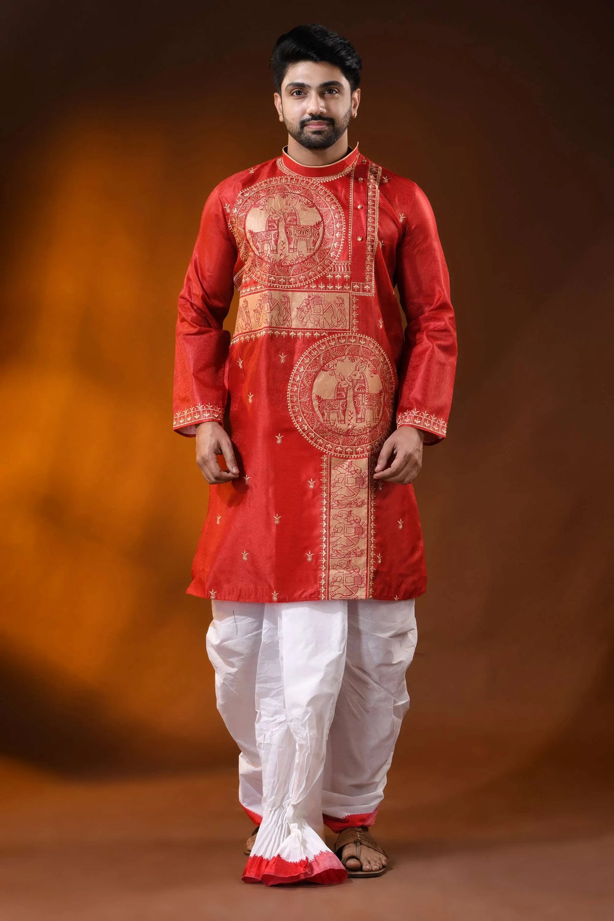Deep red silk embroidery punjabi for men with horse ethnic motifs 1