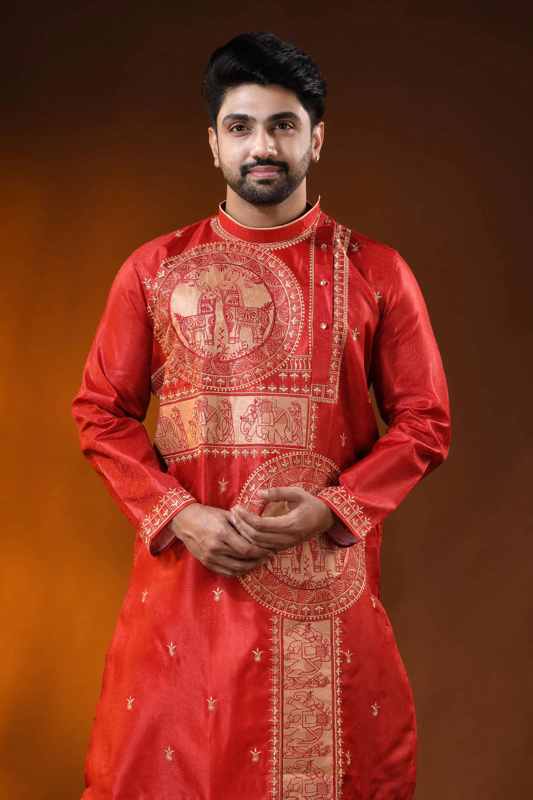 Deep red silk embroidery punjabi for men with horse ethnic motifs 2