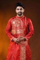 Deep red silk embroidery punjabi for men with horse ethnic motifs 2