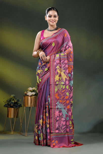 Deep rose dual-tone bird motif hand embroidered kantha silk saree 1