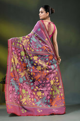 Deep rose dual-tone bird motif hand embroidered kantha silk saree 4