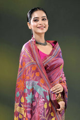 Deep rose dual-tone bird motif hand embroidered kantha silk saree 2