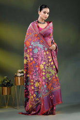Deep rose dual-tone bird motif hand embroidered kantha silk saree 5