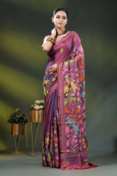 Deep rose dual-tone bird motif hand embroidered kantha silk saree 6