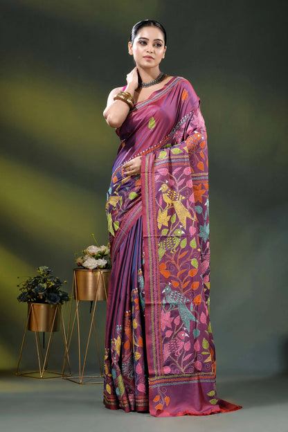 Deep rose dual-tone bird motif hand embroidered kantha silk saree 6