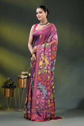 Deep rose dual-tone bird motif hand embroidered kantha silk saree 3