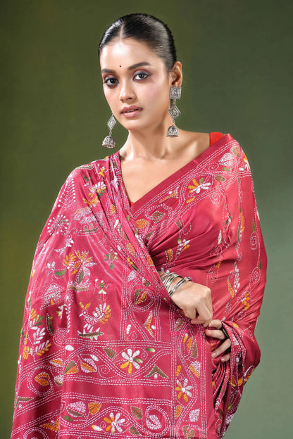 Deep rose village theme hand embroidered silk kantha saree vibrant red adorned intricate 2