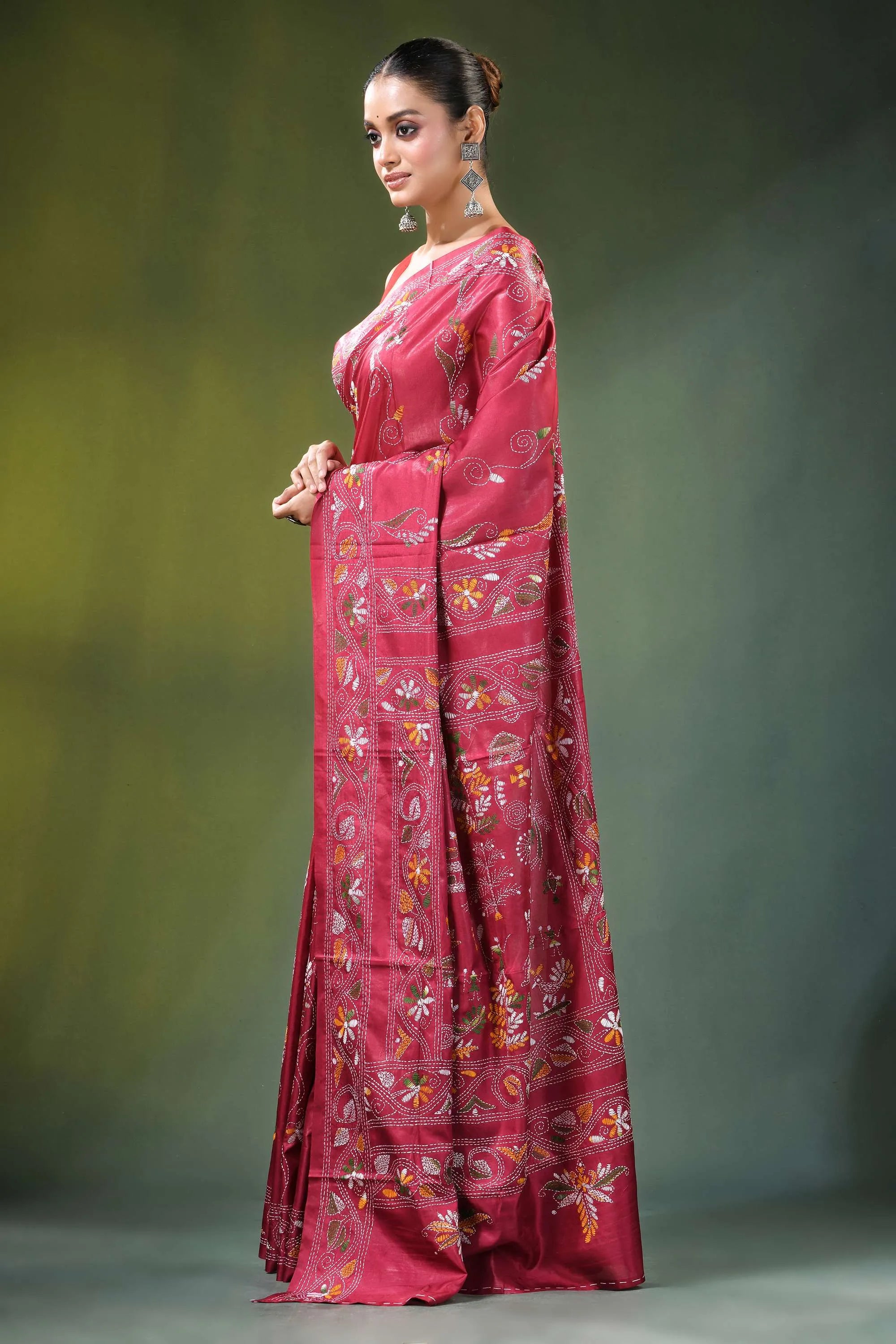 Deep rose village theme hand embroidered silk kantha saree rich maroon adorned 3