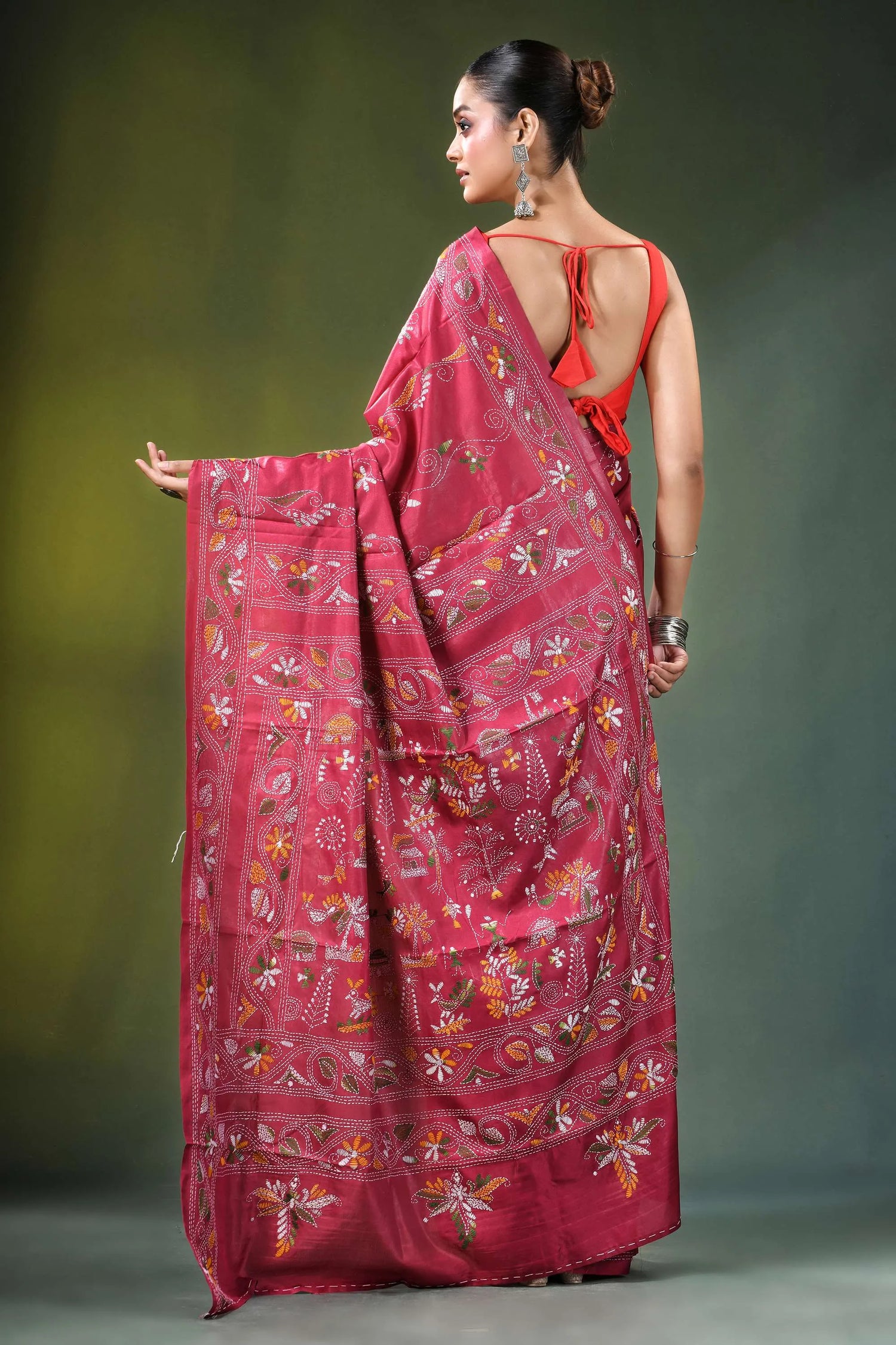 Deep rose village theme hand embroidered silk kantha saree vibrant pink intricate floral 5