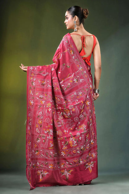 Deep rose village theme hand embroidered silk kantha saree vibrant pink intricate floral 5