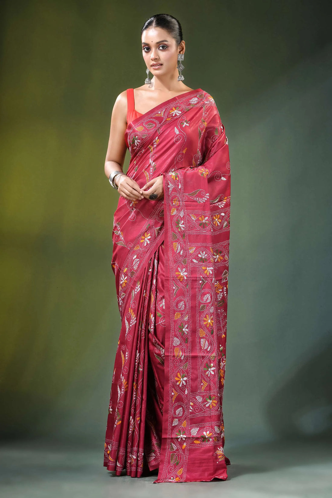 Deep rose village theme hand embroidered silk kantha saree rich maroon adorned 1