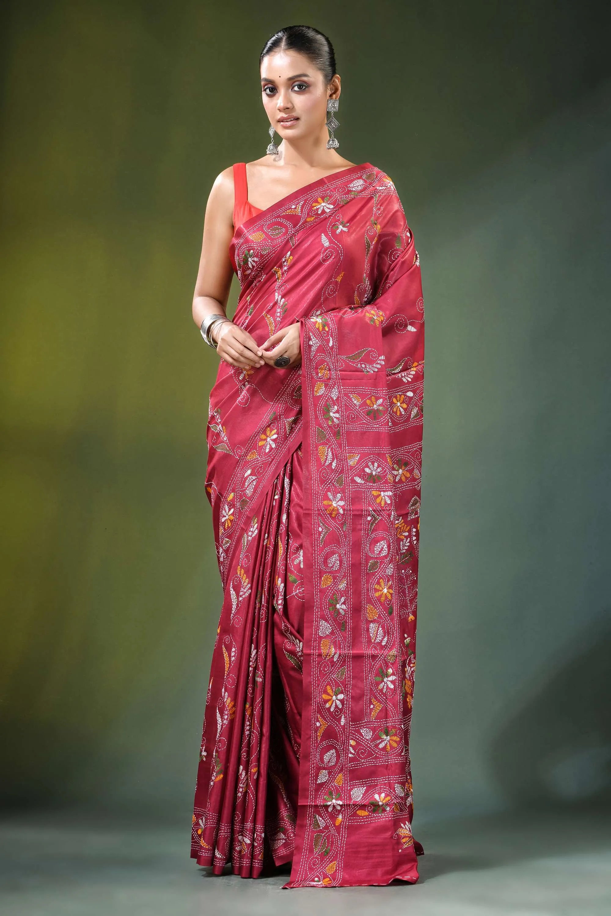 Deep rose village theme hand embroidered silk kantha saree rich maroon adorned 1