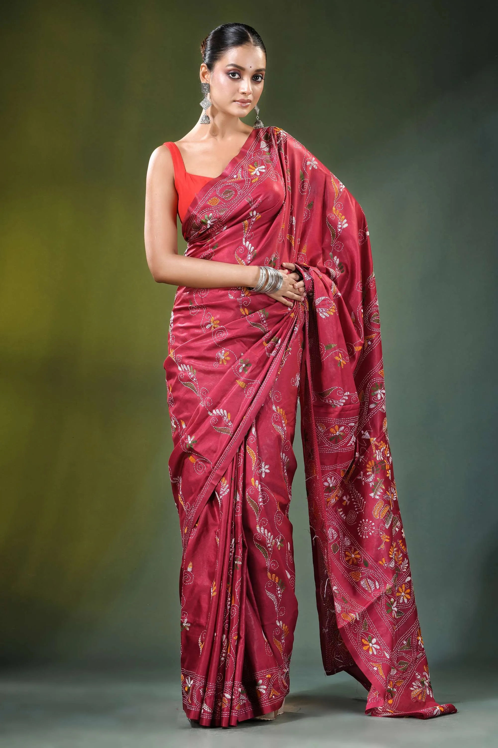 Deep rose village theme hand embroidered silk kantha saree rich maroon adorned 4