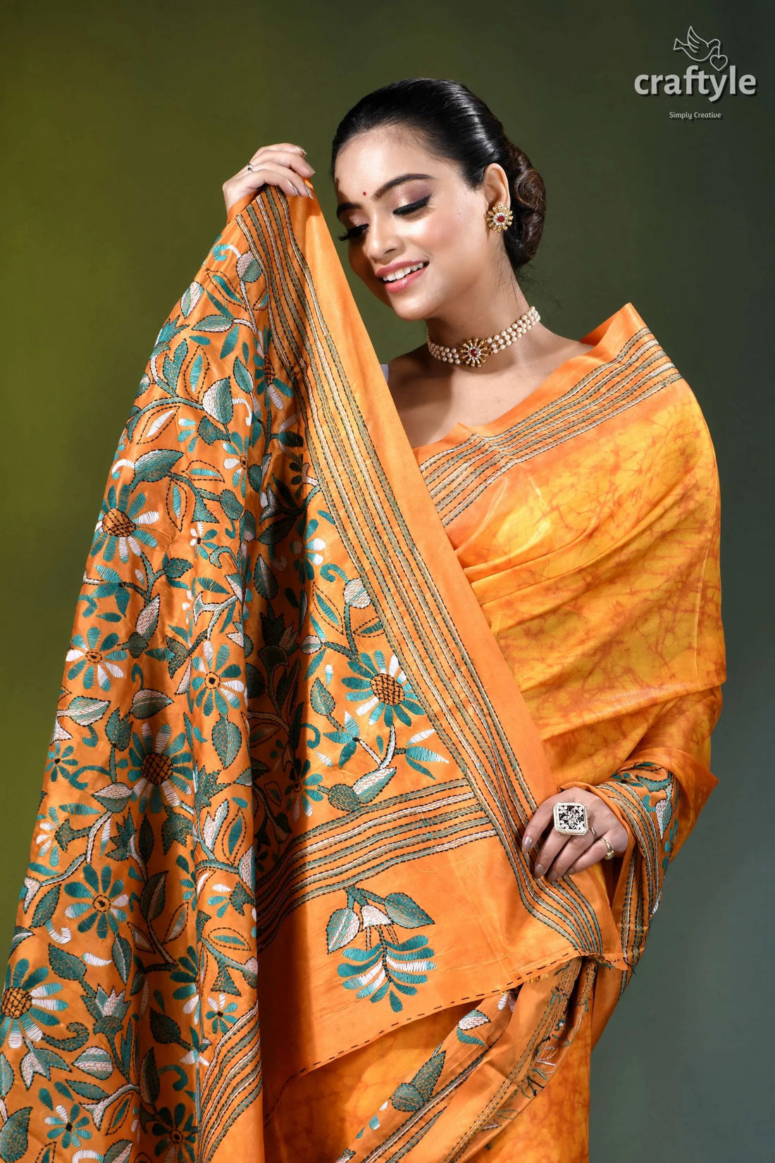 Deep saffron floral motif kantha stitch hand batik silk saree orange silk saree intricate green 2