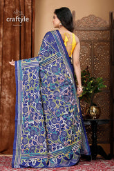 Deep sapphire blue silk kantha work saree - reverse stitch blue floral-patterned saree 5