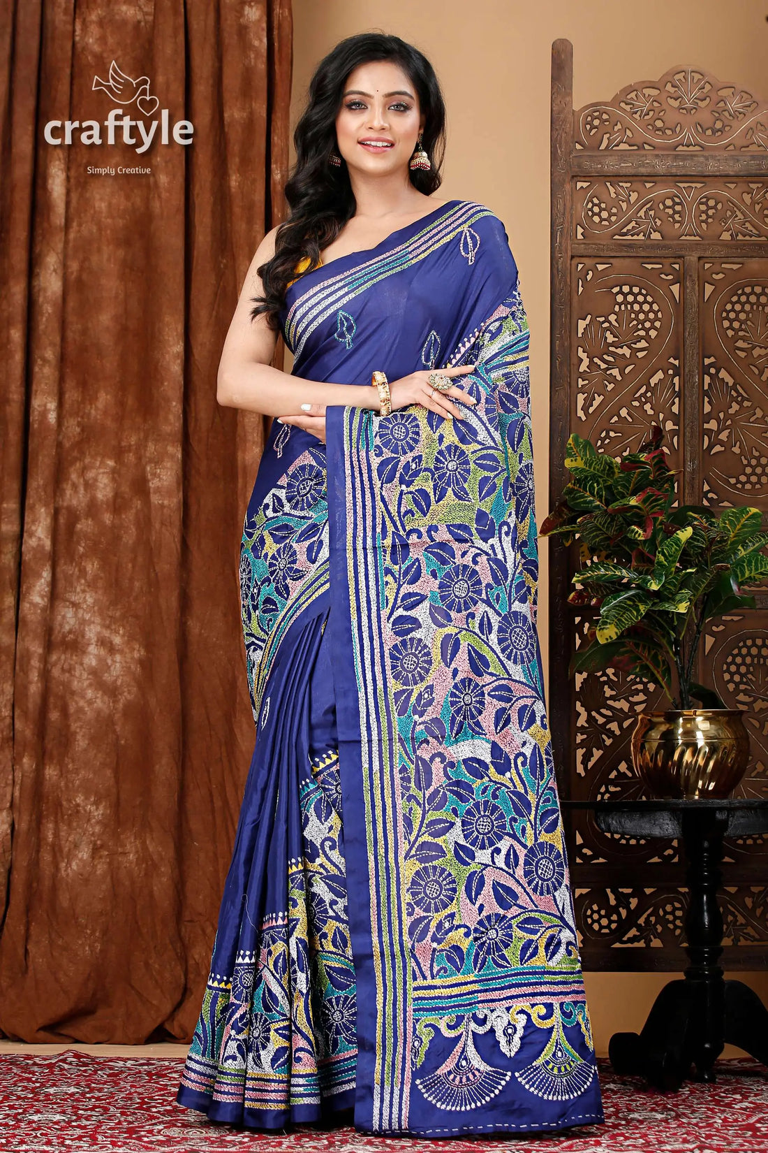 Deep sapphire blue silk kantha work saree - reverse stitch blue floral-patterned saree 1