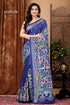 Deep sapphire blue silk kantha work saree - reverse stitch blue floral-patterned saree 1