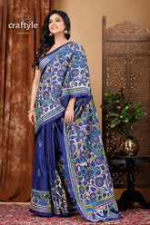 Deep sapphire blue silk kantha work saree - reverse stitch blue floral patterned saree 4