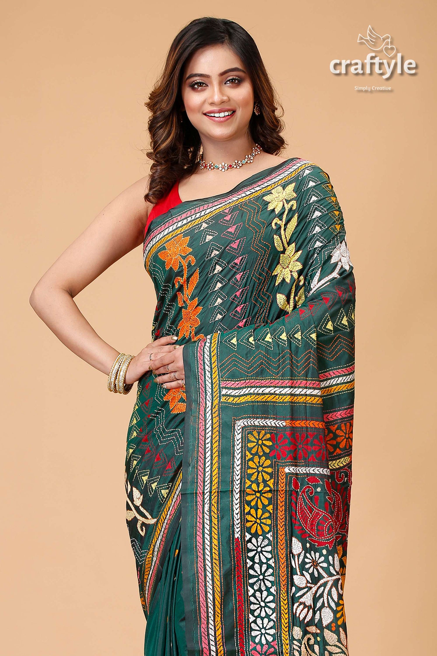 Deep Sea Green Multicolor Bengali Silk Kantha Saree-Craftyle