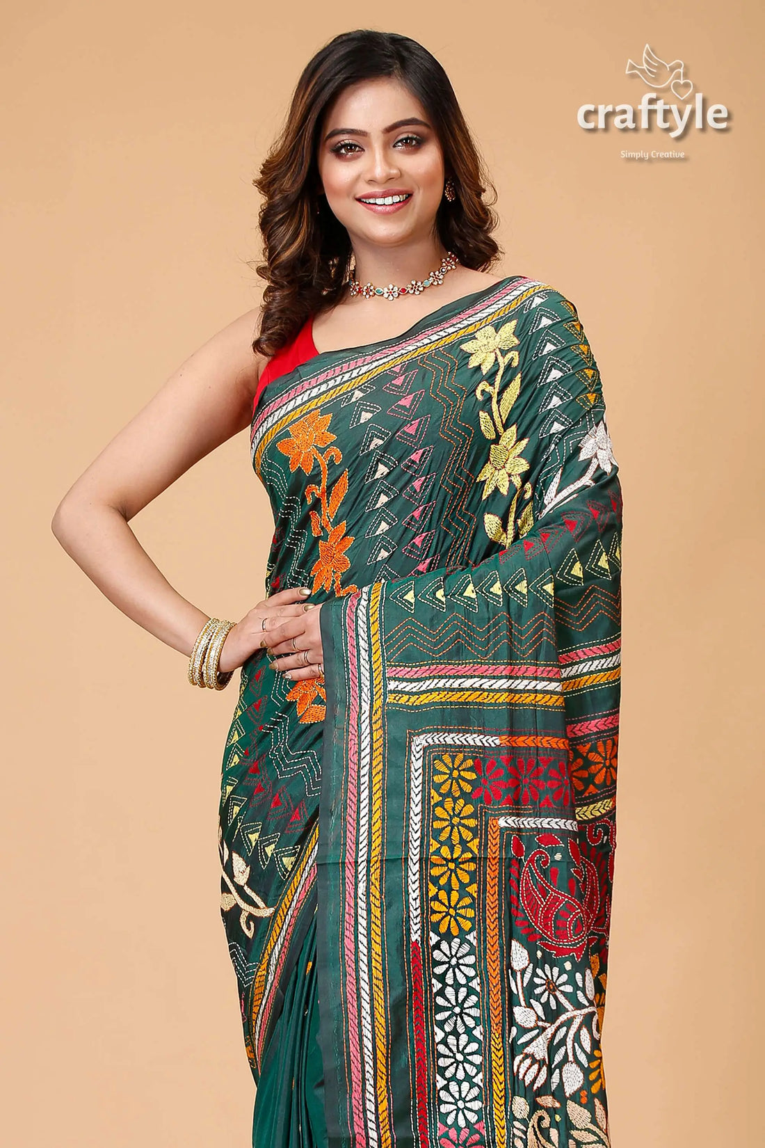 Deep sea green multicolor bengali silk kantha saree green embroidered saree 2