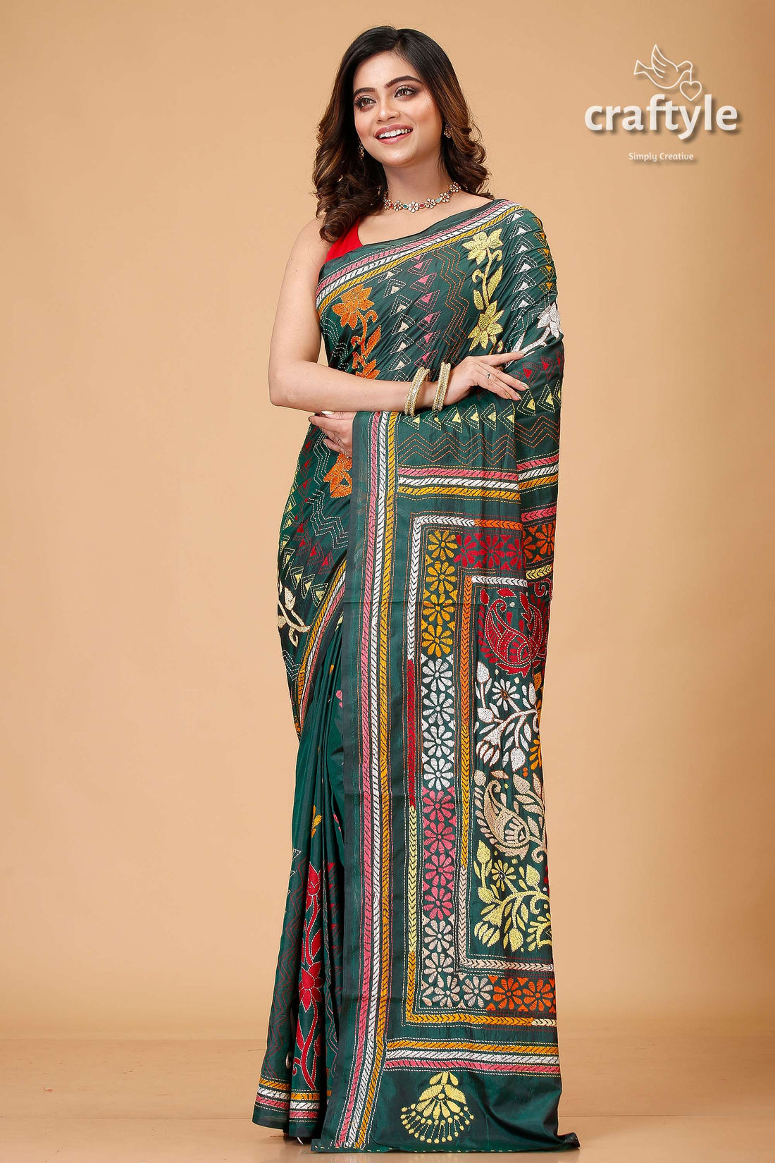 Deep Sea Green Multicolor Bengali Silk Kantha Saree-Craftyle