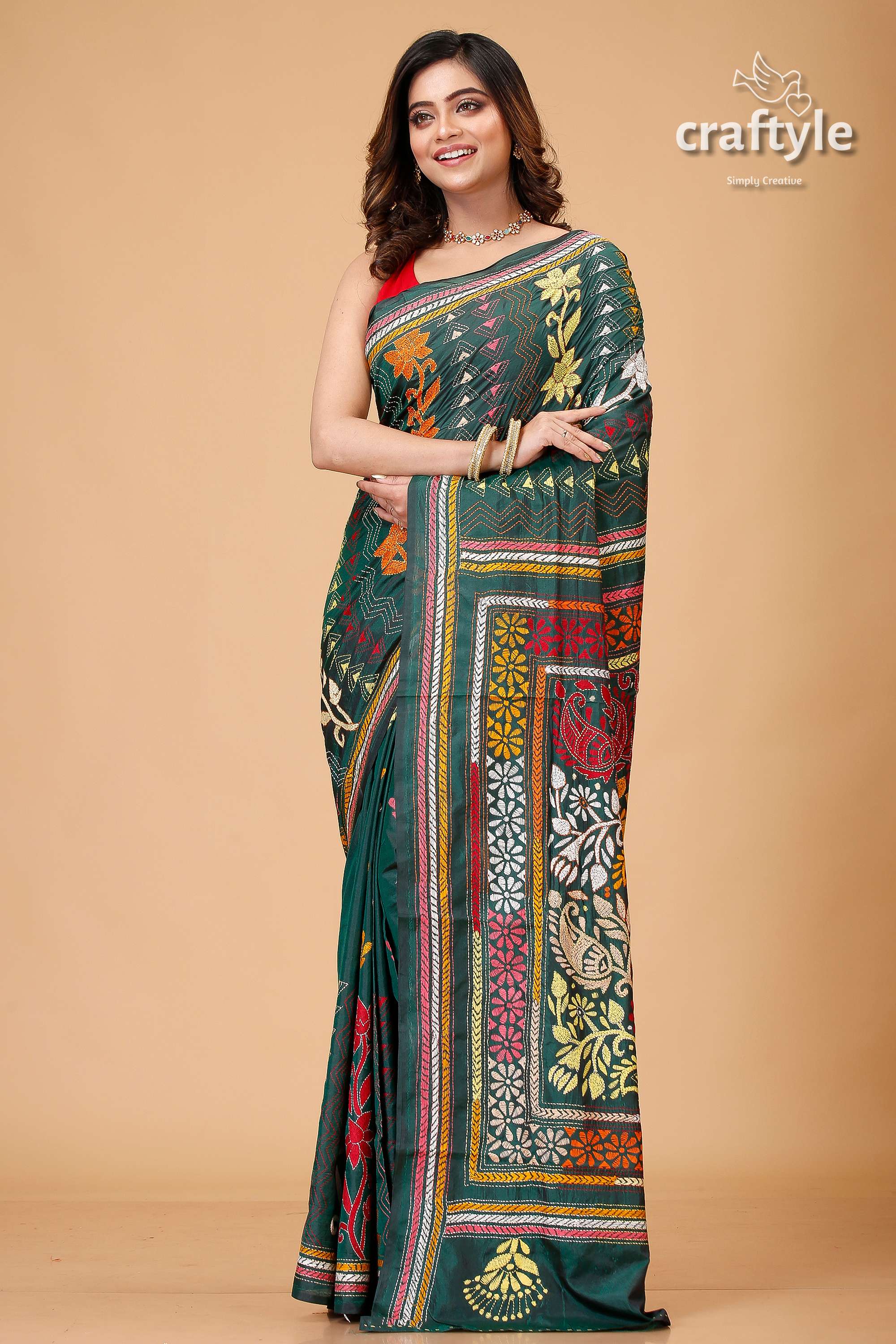 Deep Sea Green Multicolor Bengali Silk Kantha Saree-Craftyle