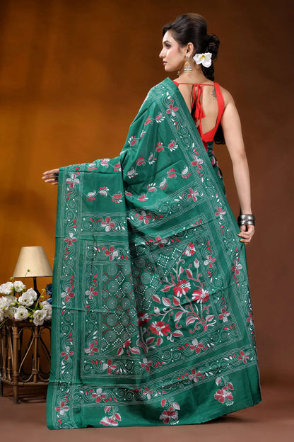 Deep sea green silk kantha stitch saree - hand embroidered floral design emerald green banarasi saree intricate 5